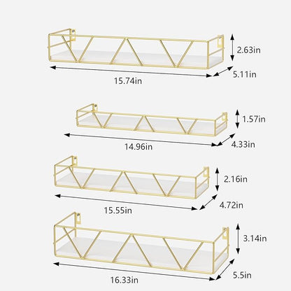 Floating Shelves Set of 3, Home Wood Wall Shelf, Farmhouse Shelf for Bedroom, Wall Mounted Floating Shelf for Living Room, Bedroom, Bathroom, Kitchen, Office (Gold-4pcs)