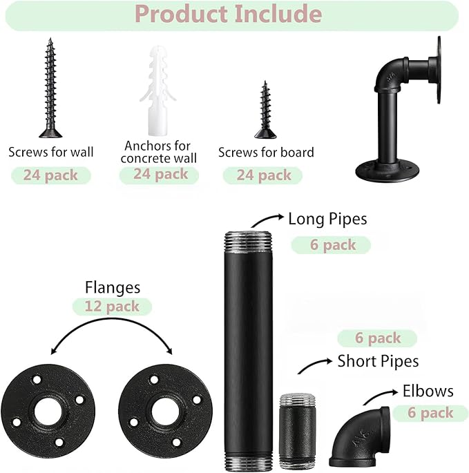 Industrial L Pipe Shelf Brackets for 7-14 in Depth Wood,Heavy-Duty 3/4" Iron,Wall Mount Floating Shelf Bracket L Metal Pipe Shelving Brackets for Wood-Black DIY Pipe Shelves(6.7*3.1 Inch 6 Pack)