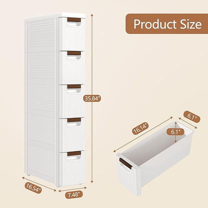 VECELO 5-Drawer Narrow Bathroom Storage Cabinet, Mobile Plastic Slim Rolling Organizer Cart with Built-in 4 Wheels for Living Room, Kitchen, Bathroom, Bedroom, Office, White(16.5" x 7.5" x 35.8")