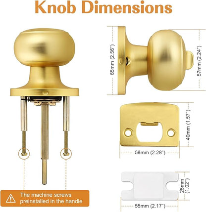 Probrico Brushed Brass Bed/Bath Knobs Keyless Privacy Interior Doors Locksets, Gold Door Knobs 8 Pack