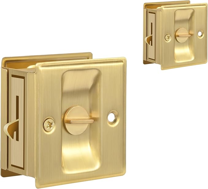 HOMOTEK 2 Pack Privacy Sliding Door Lock with Pull - Replace Old Or Damaged Pocket Door Locks Hardware Quickly and Easily, 2-3/4”x2-1/2”, for 1-3/8” Thickness Door, Brushed Brass