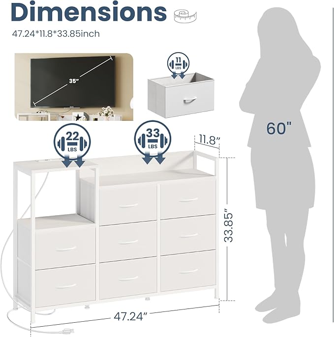 DUMOS TV Stand Dresser with 8 Fabric Drawers & Open Shelves, TV Stand for Up to 45 inch TV with Wooden Top, Entertainment Center with Charging Station for Living Room, Hallway, White