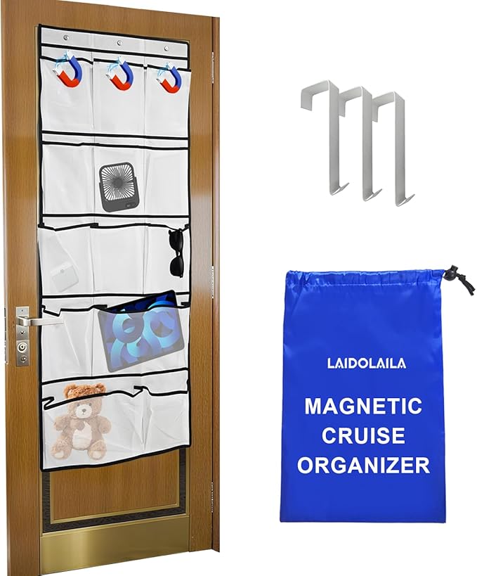 Magnetic Cruise Door Organizer – 13-Pocket Hanging Storage with 2 Large Shoe Pockets, No Hook Needed, Includes 3 Bonus Hooks, 2025 2026 Cruise Ship Essentials for Cabin, Bathroom, or Closet Use