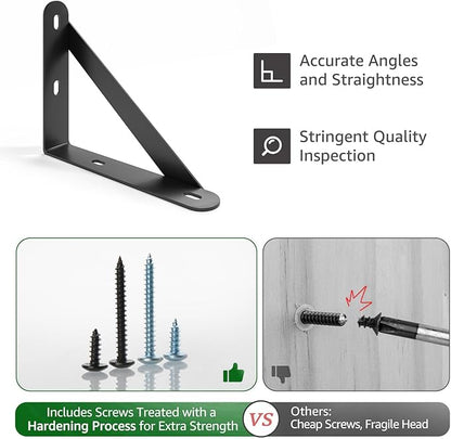 5x4 Shelf Brackets 6-Pack, Shelf Support Shelf Holder Steel Wall Mount Heavy Duty Small L Shape Triangle 90 Degree Metal Black with Screws Anchors Soporte de Estante