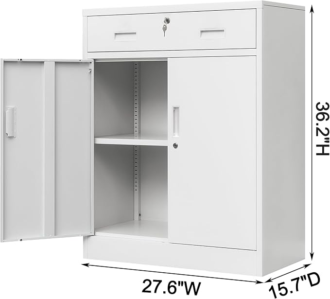 CMY Metal Storage Cabinet, Locking Storage Cabinet with 1 Drawer and Adjustable Shelf, 36.2" H x 28" W x 16" D Metal Cabinet for Office, Garage, Home-White