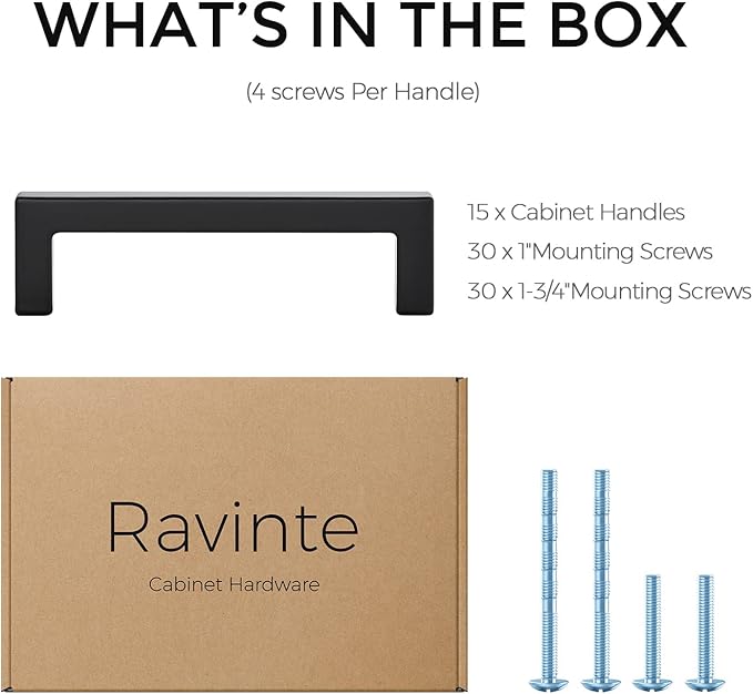Ravinte 15 Pack Solid 3-1/2 Inch Center to Center Slim Square Bar Drawer Handles - Cabinet Hardware in Matte Black - Kitchen Handles and Pulls