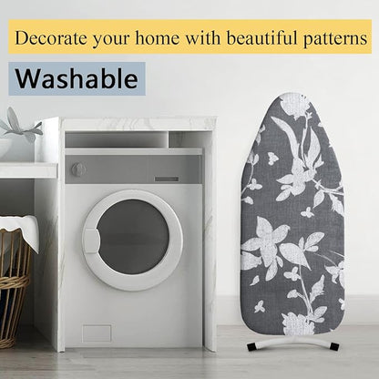 Small Ironing Board Cover Scorch Resistant, Cotton Table top Ironing Board Cover with Padding Heat Reflective Heavy Duty Pad (Grey Floral, 12.5"x32")