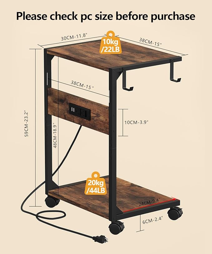 2 Tier Computer Tower Stand with Charging Station, 11.8" D x 16.5" W Rolling Floor PC Tower Stand Fits Under Desk, CPU Holder Cart for Carpet with Hooks, C Shaped End Table for Home Office