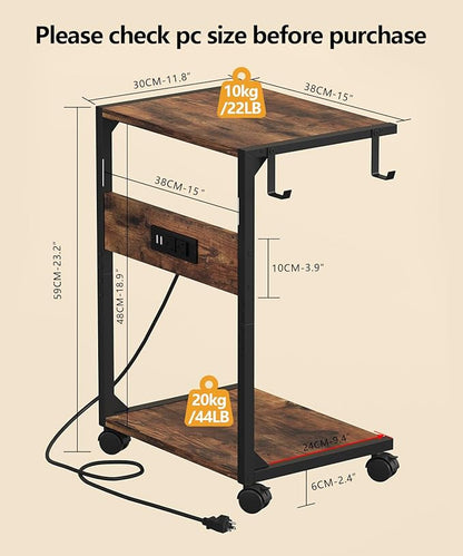 2 Tier Computer Tower Stand with Charging Station, 11.8" D x 16.5" W Rolling Floor PC Tower Stand Fits Under Desk, CPU Holder Cart for Carpet with Hooks, C Shaped End Table for Home Office