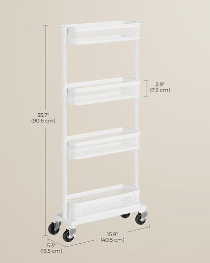 SONGMICS Slim Storage Cart, 4-Tier Metal Rolling Cart with Wheels, Flexible Baskets, Narrow Cart for Kitchen, Bathroom, Laundry Room, Easy Assembly, White UBSC065W01