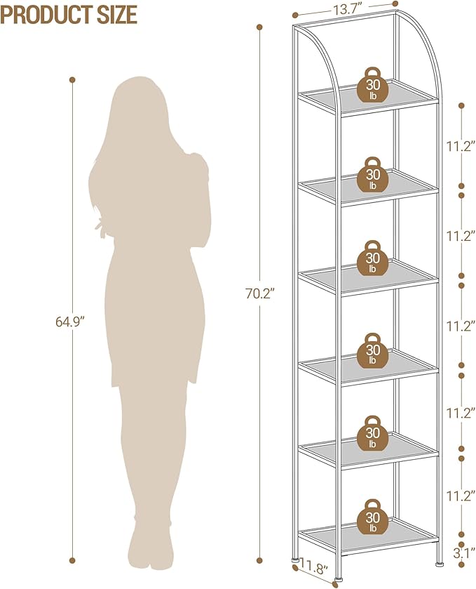 Bookcase Bookshelf, Tempered Glass Arched Bookshelf for More Storage, Slim Shelving Unit for Bedroom, Bathroom, Home Office, Steel Frame, 6 Tier White BC20699W