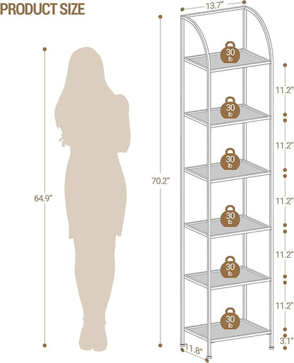 Bookcase Bookshelf, Tempered Glass Arched Bookshelf for More Storage, Slim Shelving Unit for Bedroom, Bathroom, Home Office, Steel Frame, 6 Tier White BC20699W