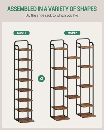 8 Tiers Vertical Shoe Rack, Narrow Shoe Tower, Tall Shoes Shelf with 2 Hooks, Adjustable Shelves, Corner Shoes Shelves for Small Spaces, Entryway, Living Room, Rustic Brown SR04301B