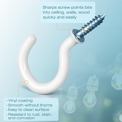 110Pcs Premium Screw Hooks, 5 Sizes White Vinyl Coated Cup Hook, from1/2 in Small Hooks to 1-1/2 in Ceiling Hooks Heavy Duty, Screw in Hooks for Hanging Plants, String Lights