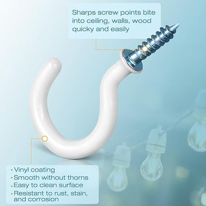 110Pcs Premium Screw Hooks, 5 Sizes White Vinyl Coated Cup Hook, from1/2 in Small Hooks to 1-1/2 in Ceiling Hooks Heavy Duty, Screw in Hooks for Hanging Plants, String Lights
