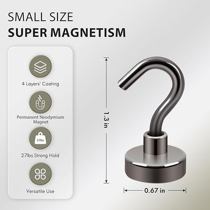 Neosmuk Magnetic Hooks, Heavy Duty 30lb+ Strong Magnet Hook for Cruise Cabins, Cruise Ship Essentials for Hanging, Metal Wall Refrigerator Hangers (Gunmetal, 10 Pack)