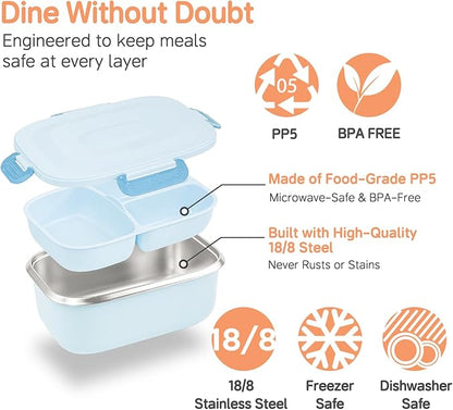 18/8 Stainless Steel Bento Box, Bento Lunch Box with Soup Bowl for Kids and Adults, Food Containers with Bag for Office or School, Blue