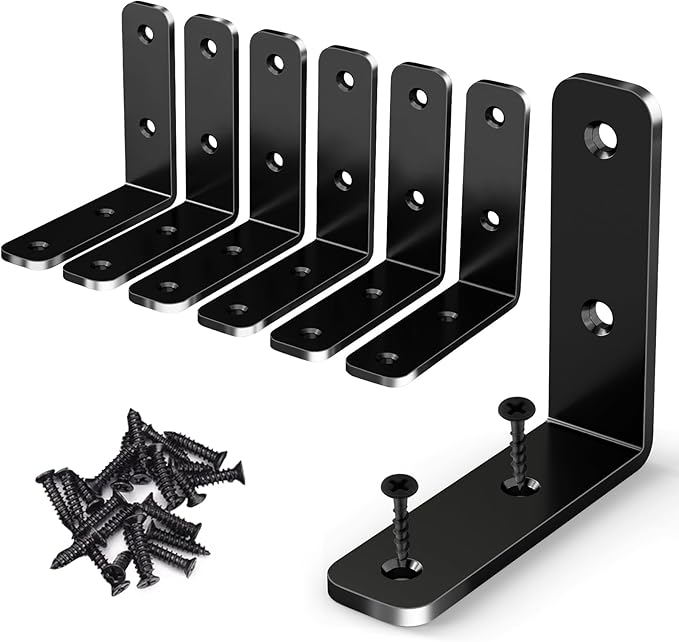 YUMORE L Bracket Corner Brace, 6Pcs 65x65mm Joint Right Angle Brackets Heavy Duty Stainless Steel 90 Degree Bracket Fastener for Wood Shelves Chair Tables Dressers Furniture with Screws, Black