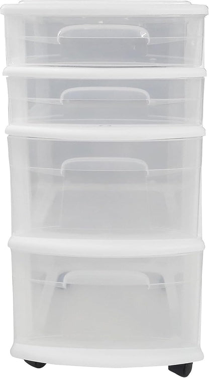 HOMZ 2-Pack Drawer Tower, 4-Tier Clear Plastic Storage Organizer Cart, White Frame - Organizing Containers with Wheels for Home, Bathroom, Bedroom, Office, and Classroom