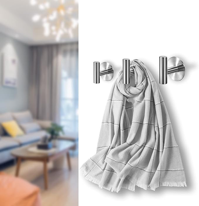 Adhesive Towel Hooks Heavy Duty Wall Hooks Stainless Steel Waterproof Shower Towel Hooks, Coat Hook for Hanging Clothes, Adhesive Hook for Bathroom, Glass Window, Kitchen- 2 Pack, Silver
