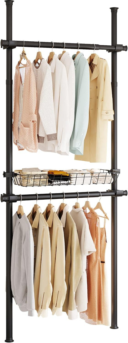 Floor-to-Ceiling Clothing Rack with Wire Storage Basket, Double Hanging Rods, Adjustable Tension Closet Organizer for Bedroom, Walk-In Closet, Laundry Room, 2-Pole, Black