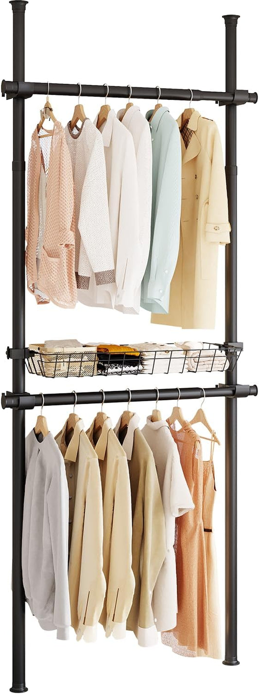 Floor-to-Ceiling Clothing Rack with Wire Storage Basket, Double Hanging Rods, Adjustable Tension Closet Organizer for Bedroom, Walk-In Closet, Laundry Room, 2-Pole, Black