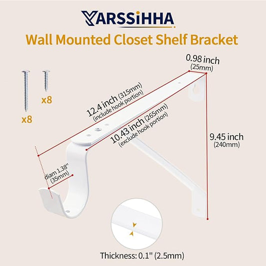 Yarssihha 4 Pack Adjustable Closet Rod Bracket, Wall Mounted Closet Shelf Bracket, White Closet Rod Support Bracket with Screws