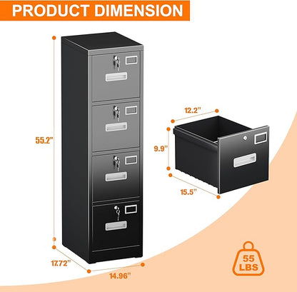 4 Drawer File Cabinet, Metal Vertical Black Filing Cabinets with Lock for Home Office with Name Card Holder for Letter/Legal/A4/F4 Size (Assemble Required)