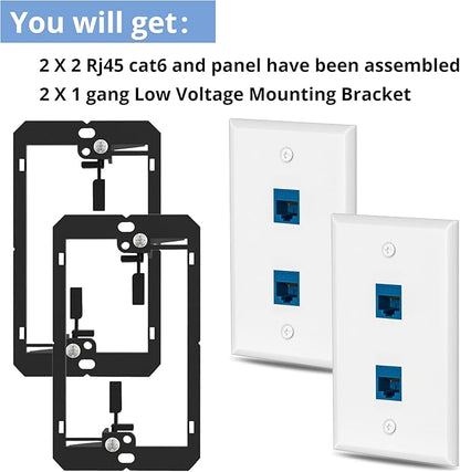 2 Pairs Ethernet Wall Plate Cat6 2 Port Keystone Jack Wall Plate with RJ45 Coupler Outlet Connector and Single Gang Low Voltage Mounting Bracket