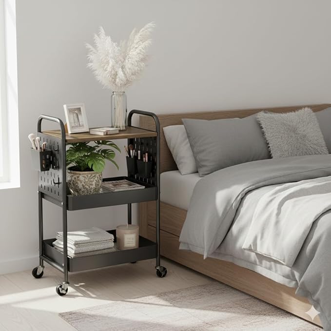 danpinera 3 Tier Rolling Cart, Metal Storage Cart with Wooden Tabletop, Storage Cart with DIY Pegboards & Locked Wheels, Hooks & Hanging Cups for Any Room, Black
