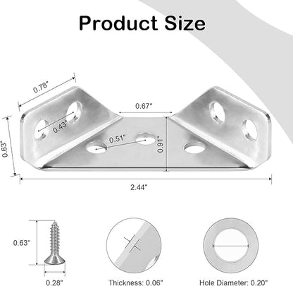 PlusRoc 24-Pack Universal Stainless Steel Furniture Corner Connectors with Screws - Heavy Duty Triangular Support Brackets for Wood Furniture, Drawers, Cabinets, Tables, and Chairs
