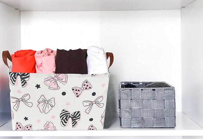 Essme Rectangular Pink Girls Basket ,Kids Storage Box, Mother's Day Basket,Girl Storage Baskets Organizer with Handles for Girls Room Decor,Gift Bins.(Bowknot )