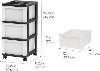 IRIS USA Plastic Drawer Storage Organizer Rolling Cart, with Wheels Casters, 3-Drawers, for Classroom Art Craft Supplies Dresser Closet Bathroom Laundry Room, Black/Pearl