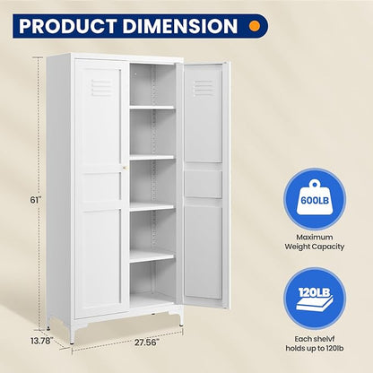 MIIIKO Storage Cabinet with Doors, Tall Kitchen Pantry Cabinet with 4 Shelves Freestanding, Metal White Cabinets for Laundry and Bathroom,14" D x 27.6" W x 61" H Tall Cupboard