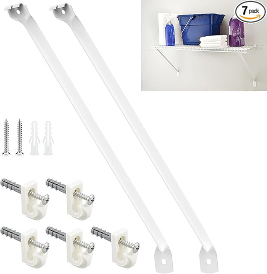 12 Inch Wire Shelf Support Brackets Kit, Includes 2 Wire Rack Support Brackets and 5 Down Wall Clips, 7 Screws and 7 Expansion Tubes for Shelves, Closet, Wardrobe, Ledge Installation