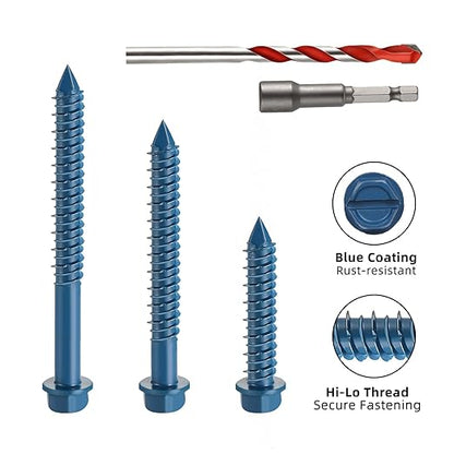 1/4" x 1-3/4" Concrete Screws, 100 PCS Blue Hex Washer Head Concrete Screws Anchor Kit with Drill Bit and Hex Bit Socket, for Masonry, Cement, Block, Brick or Stucco