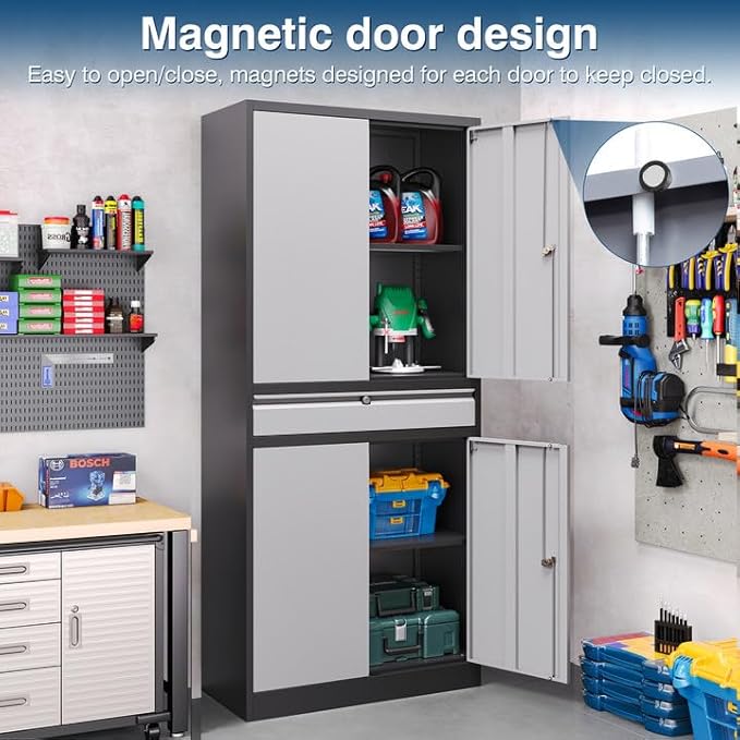 Metal Storage Cabinet with Lock, 71" Tall Garage Storage Cabinets with Doors and Shelves, Lockable Tool Cabinet for Home Office, Garage, Pantry