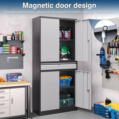 Metal Storage Cabinet with Lock, 71" Tall Garage Storage Cabinets with Doors and Shelves, Lockable Tool Cabinet for Home Office, Garage, Pantry