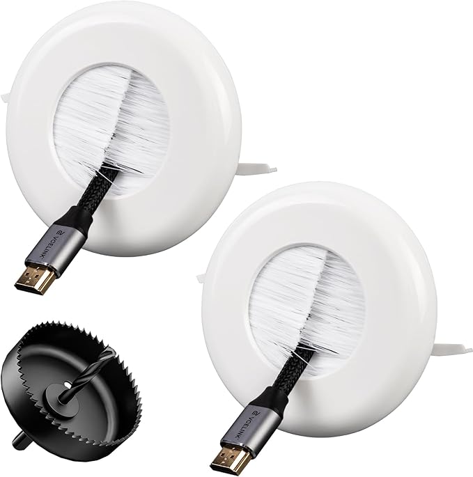 VCELINK Brush 3.79" (96 mm) in Wall Cable Management Kit, Cord Hider for Low Voltage Cables Pass Through, Includes Hole Saw Drill Attachment and Mounting Brackets for Easy Install, 2-Pack