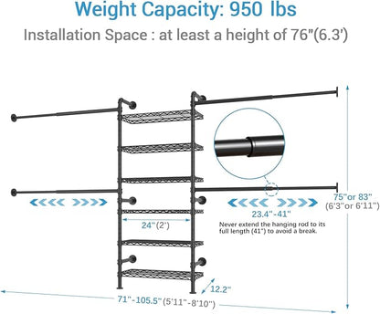 Timate S3X Expandable Wall Mounted Clothes Rack with 6 Adjustable Shelves & 4 Expandable Hanger Rods, Heavy Duty Industrial Pipe Clothing Rack for Hanging Clothes, Fits Spaces 5'11"- 8'10", Black