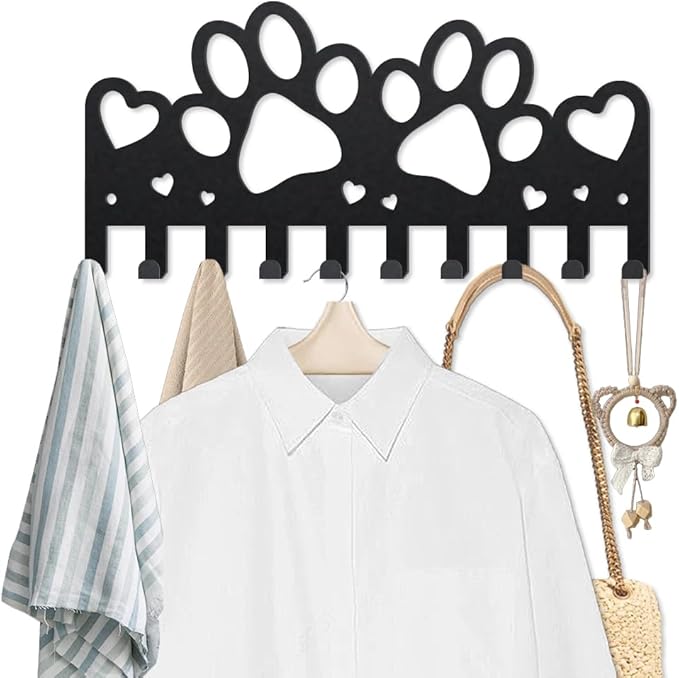 MAYJOYDIY Paw Prints Coat Rack Wall Mount 9.8×4.7inch Heart Metal Paw Key Holder for Wall 10 Hooks Dog Leash Decorative Black Key Hooks for Gift Coats Hats Towels Bags