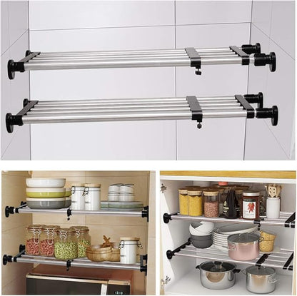 BAOYOUNI Expandable Closet Shelf Tension Rod Clothes Hanger Storage Rack Adjustable DIY Shelving Unit Cabinet Kitchen Bathroom Divider Separator Organizer, Black
