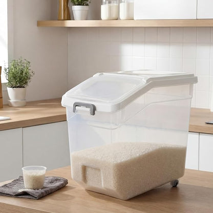 Sunnyray 4 Pcs Rice Storage Container 38 lb Flour Container with Wheels Measuring Cup Clear Pet Food Bin Dog Birds Cat Food Bin Grain Cereal Organizer Box for Dry Baking Supplies(White Lid)
