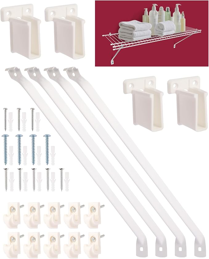 12inch Wire Shelf Brackets for Standard Shelves- 25kg Max Load Rust-Proof Metal Kit w/4 Support Brackets, 4 End & 10 Clips,for Pantry, Closet, Laundry, Utility Storage(42 Count, Excluding Rack)