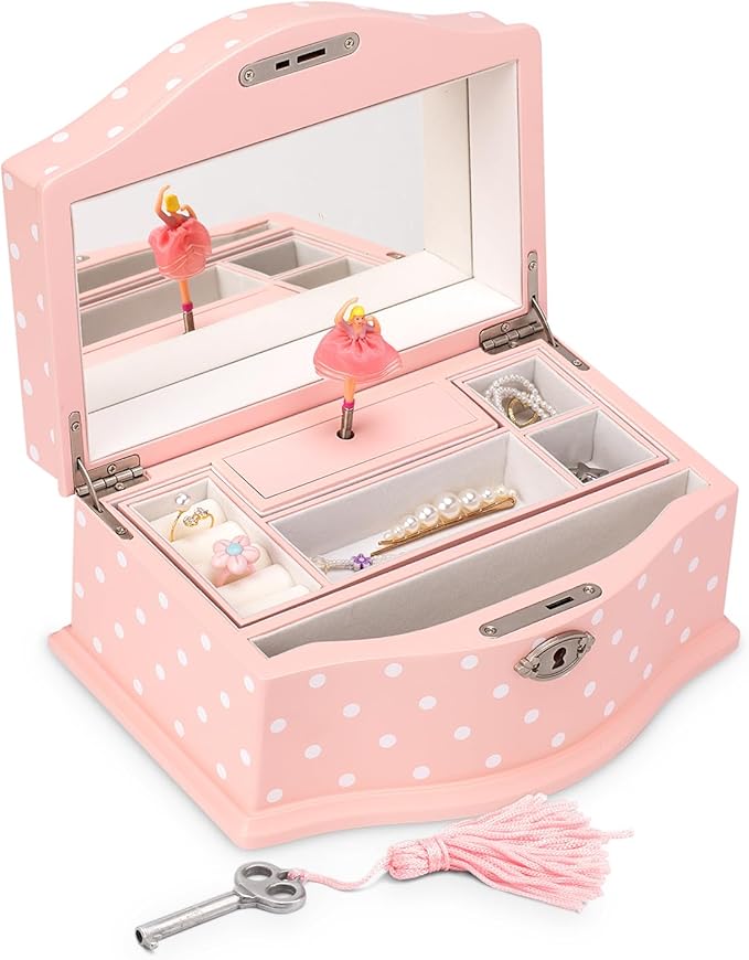 Elle Jewelry Box - Ballerina Jewelry Organizer and Swan Lake Wind-Up Music Box for Girls and Teens, Accessories and Keepsake Wooden Storage with Lock and Mirror, Charming Room Decor and Gift, Large