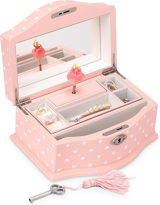 Elle Jewelry Box - Ballerina Jewelry Organizer and Swan Lake Wind-Up Music Box for Girls and Teens, Accessories and Keepsake Wooden Storage with Lock and Mirror, Charming Room Decor and Gift, Large