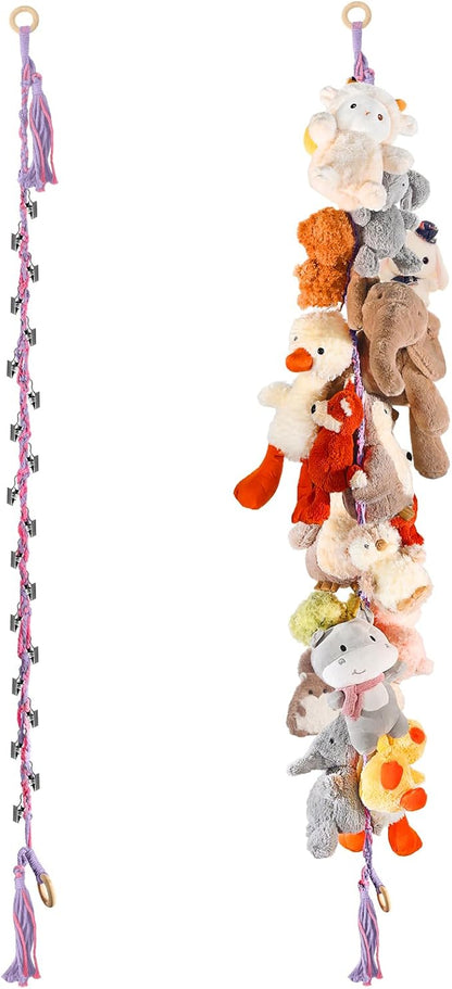 80" Cotton Hanging Storage Chain for Stuffed Animals Storage with 40 Metal Clips, Stuffed Animal Organizer Chain for Wall Corner Nursery Play Room, Rainbow