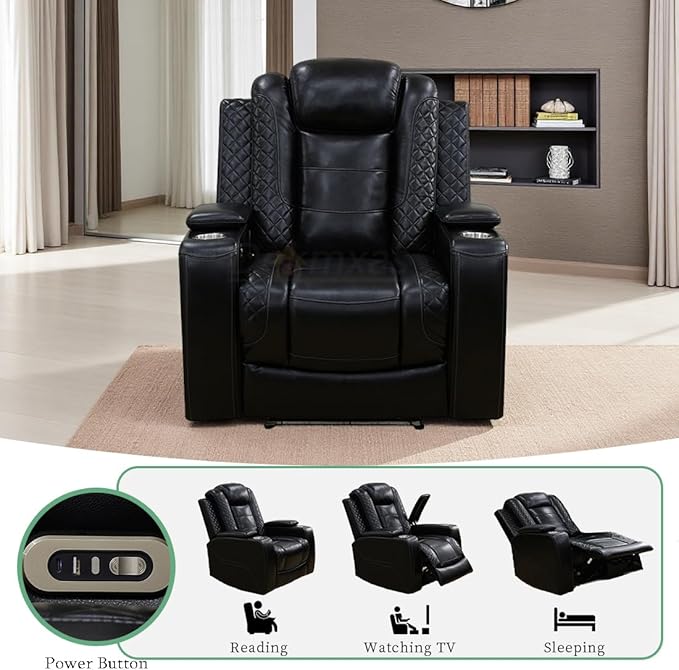Living Room Furniture Sets, Power Reclining Chair Set, Brown Breathing Leather Power Recliner Sofa Chair with 1 Recliner Seat/Cup Holder/LED Light/USB Port for Office, Rv Car
