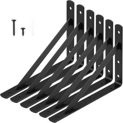 Heavy Duty Shelf Brackets 12 x 8 inches, 6 Pack Black Metal Shelves Supports, Load Capacity: 600 lb, Wall Mounted Angle L Floating Shelf Bracket, Rough Texture Powder Coating, HOME MASTER HARDWARE