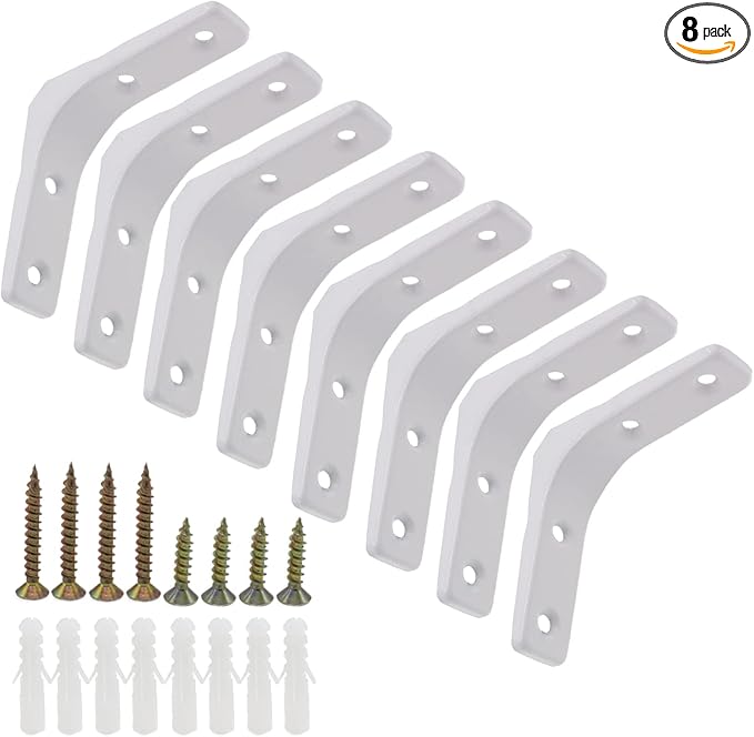 8pcs 3 Inch L Brackets, Heavy Duty Wall Mount White L Corner Brackets Braces for Wood, Shelves, Cabinets, 90 Degree Triangle Shelf Support with Screws, Small Right Angle Bracket